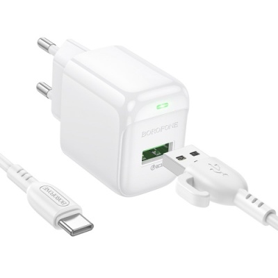 мережевий зарядний пристрій borofone bas42a 1usb/18w/qc3.0 + (usb - type-c) (білий) 