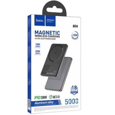 додаткова батарея power bank hoco q26 joy 5000mah pd20w (1c) з бездротовою зарядкою 15w (сірий) 