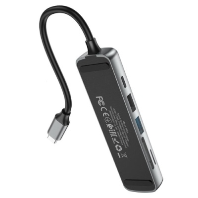 usb hub hoco hb24 easy display type-c multi-f adapter (hdmi+usb3.0+usb2.0+sd+tf+pd) metal gray 