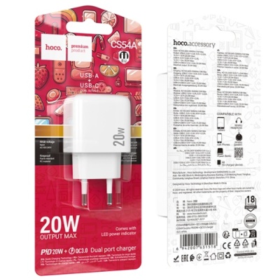 мережевий зарядний пристрій hoco cs54a 1usb/18w/qc3.0 + 1type-c/20w/pd (білий) 