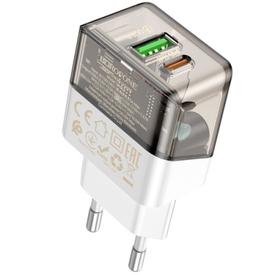 мережевий зарядний пристрій borofone ba80a 1usb/18w/qc3.0 + 1type-c/20w/pd (прозоро-чорний) 