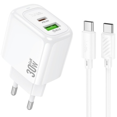 мережевий зарядний пристрій hoco cs55a 1usb/18w/qc3.0 + 1type-c/30w/pd + (type-c - type-c) (білий) 