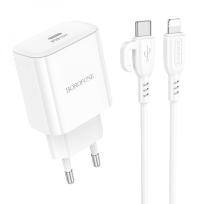 мережевий зарядний пристрій borofone ba81a power 1type-c/20w/pd + (type-c - lightning) (білий) 