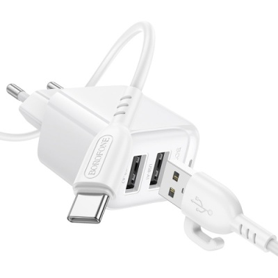мережевий зарядний пристрій borofone bas41a 2usb/12w/2.4a + (usb - type-c) (білий) 