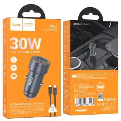 Автомобільний Зарядний Пристрій Hoco Z57A PD30W+QC3.0 (1USB/1Type-C) + (Type-C - Lightning) (Сірий)