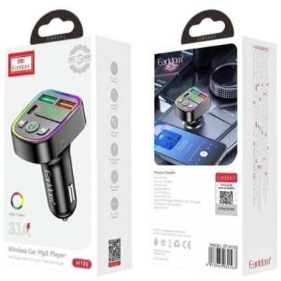 FM Модулятор Earldom ET-M103 RGB 7 colors/1USB/Type-C/U-Disk/3.1A (Чорний)