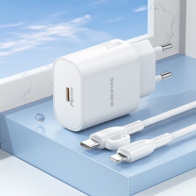 мережевий зарядний пристрій borofone ba82a power 1type-c/25w/pd + (type-c - lightning) (білий) 