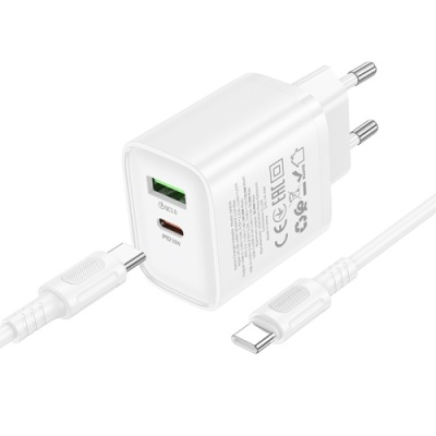 мережевий зарядний пристрій borofone ba83a 1usb/18w/qc3.0 + 1type-c/20w/pd + (type-c - type-c) (білий) 