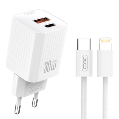 мережевий зарядний пристрій xo l149 1usb/18w/qc3.0 + 1type-c/30w/pd + (type-c - lightning) (бiлий) 