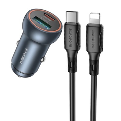 Автомобільний Зарядний Пристрій Borofone BZ32B 48W 1Type-C/30W/PD + 1USB/18W/QC3.0 + (Type-C - Lightning) (Сірий)