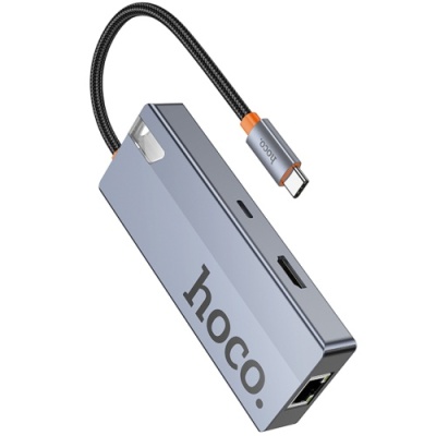 usb hub hoco hb51 type-c 6-in-1 (hdtv+rj45-100mbps+pd+usb3.0*3) (сірий) 