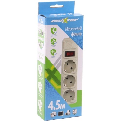 мережевий фільтр maxxter spm3-g-15g, сірий, 4.5 м кабель, 3 розетки 