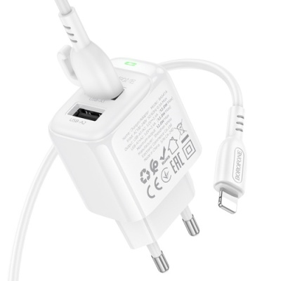 мережевий зарядний пристрій borofone bas41a 2usb/12w/2.4a + (usb - lightning) (білий) 