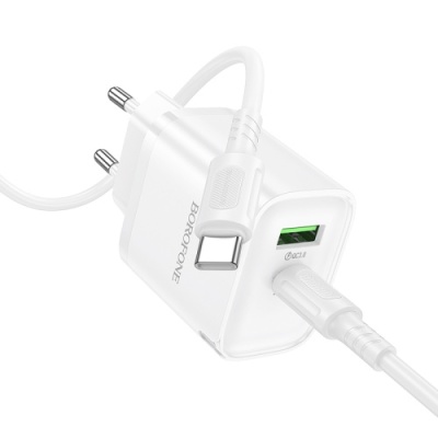 мережевий зарядний пристрій borofone ba83a 1usb/18w/qc3.0 + 1type-c/20w/pd + (type-c - type-c) (білий) 
