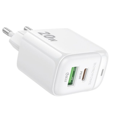 мережевий зарядний пристрій borofone bas44a 1usb/18w/qc3.0 + 1type-c/20w/pd (білий) 