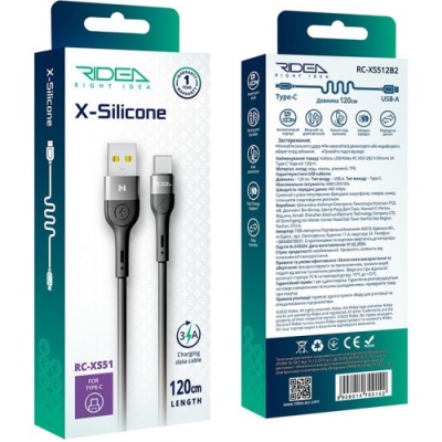кабель ridea rc-xs51 x-silicone usb - type-c 3a 1.2m (чорний) 