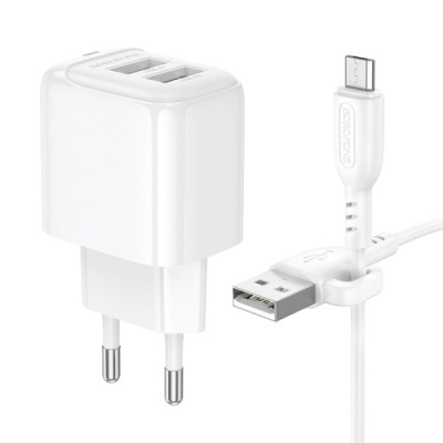 мережевий зарядний пристрій borofone bas41a 2usb/12w/2.4a + (usb - microusb) (білий) 