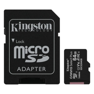 карта пам'яті microsdxc (uhs-1) kingston canvas select plus 64gb class 10 а1 (r-100mb/s) (adapter sd) 