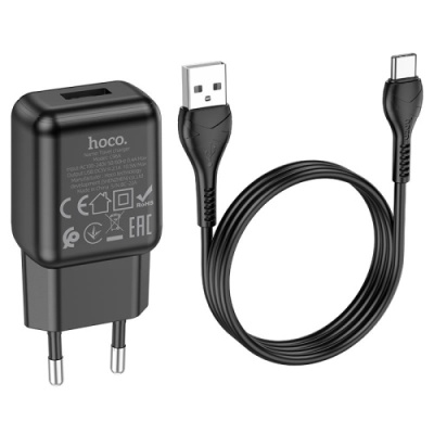 мережевий зарядний пристрій hoco c96a 1usb/2.1a + (usb - type-c) (чорний) 