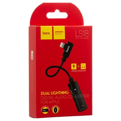 перехідник hoco ls18 lightning - (lightning audio+lightning charge) (сірий) 