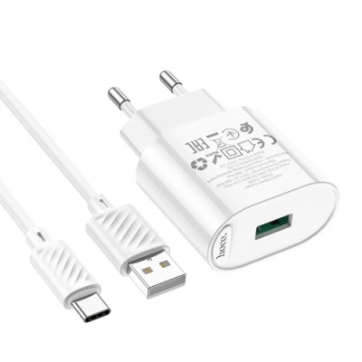 мережевий зарядний пристрій hoco c109a fighter 1usb/18w/qc3.0 + (usb - type-c) (білий) 