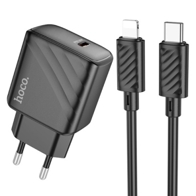 мережевий зарядний пристрій hoco cs22a 1type-c/30w/pd + (type-c - lightning) (чорний) 
