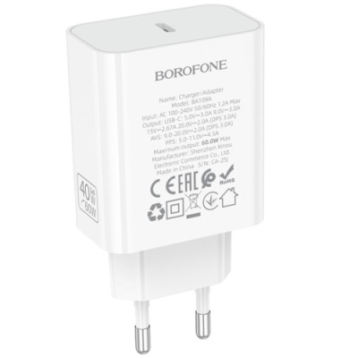 мережевий зарядний пристрій borofone ba109a pd40w (1type-c) (білий) 