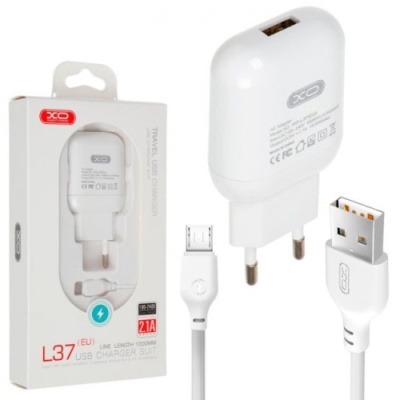 мережевий зарядний пристрій xo l37 1usb/2.1a + (usb - microusb) (бiлий) 