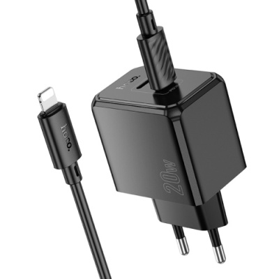 мережевий зарядний пристрій hoco cs16a 1lightning + 1type-c/20w/pd + (type-c - lightning) (чорний) 
