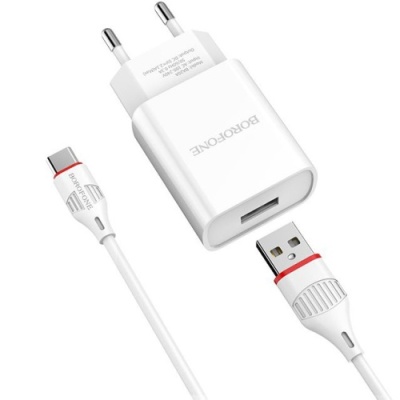 мережевий зарядний пристрій borofone ba20a 1usb/2.1a + (usb - type-c) (білий) 