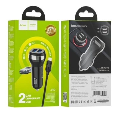 Автомобільний Зарядний Пристрій Hoco Z40 2USB/2.4A + (USB - MicroUSB) (Чорний)