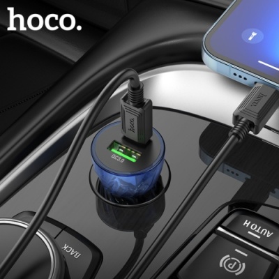 Автомобільний Зарядний Пристрій Hoco Z47A Transparent 1USB/18W/QC3.0 + 1Type-C/30W/PD (Прозорий синій)