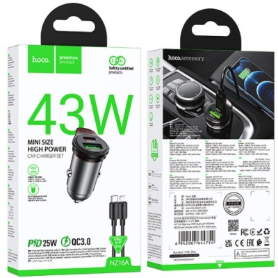 Автомобільний Зарядний Пристрій Hoco NZ16A PD25W+QC3.0 (1USB/1Type-C) + (Type-C - Lightning) (сірий)