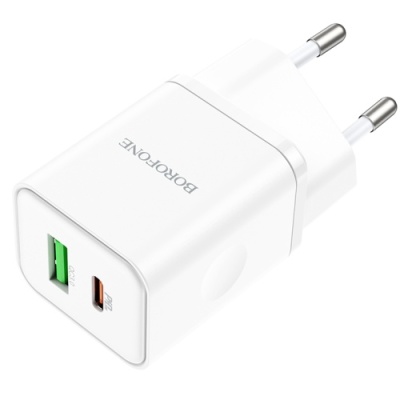 мережевий зарядний пристрій borofone bn7 1usb/18w/qc3.0 + 1type-c/20w/pd (бiлий) 