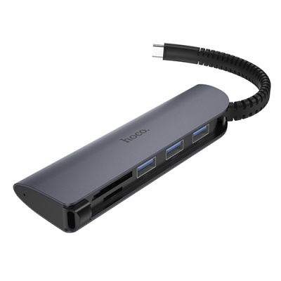 usb hub hoco hb17 (type-c to usb3.0*3+sd+tf) (сірий) 