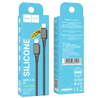 кабель hoco x101 silicone (pd) type-c - lightning 27w/1m (чорний) 
