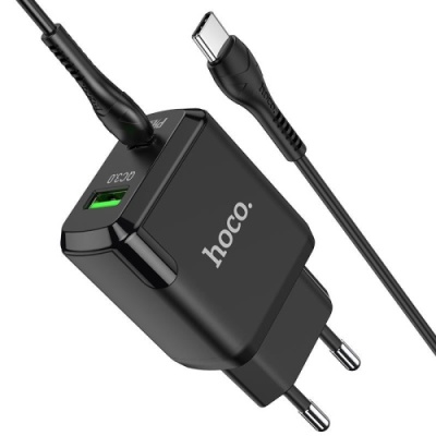 мережевий зарядний пристрій hoco n5 1usb/18w/qc3.0 + 1type-c/20w/pd + (type-c - type-c) (чорний) 