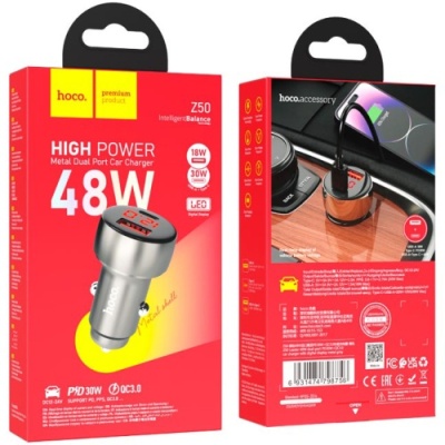 Автомобільний Зарядний Пристрій Hoco Z50 PD30W+QC3.0 (1USB/1Type-C) (сірий)