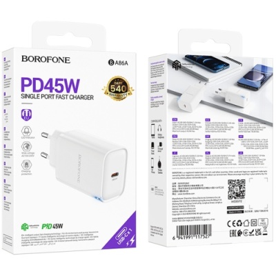 мережевий зарядний пристрій borofone ba86a 1usb-c pd/qc 45w (бiлий) 