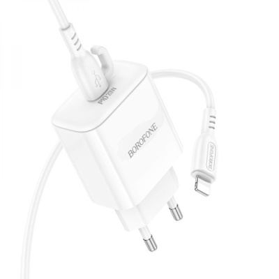 мережевий зарядний пристрій borofone ba81a power 1type-c/20w/pd + (type-c - lightning) (білий) 