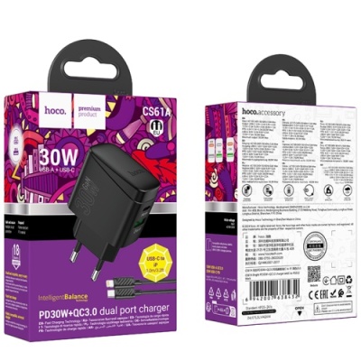 мережевий зарядний пристрій hoco cs61a 1usb/18w/qc3.0 + 1type-c/30w/pd + (type-c - lightning) (чорний) 