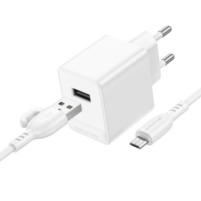 мережевий зарядний пристрій borofone bas11a 1usb/10.5w + (usb - microusb) (білий) 