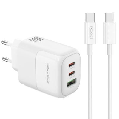 мережевий зарядний пристрій xo l139 1usb/18w/qc3.0 + 2type-c/65w/pd + (type-c - type-c) (бiлий) 