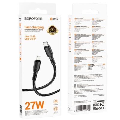 кабель borofone bx116 type-c - lightning pd27w/1m (чорний) 