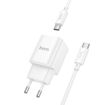 мережевий зарядний пристрій hoco c147a 1usb/18w/qc3.0 + 1type-c/20w/pd + (type-c - type-c) (білий) 