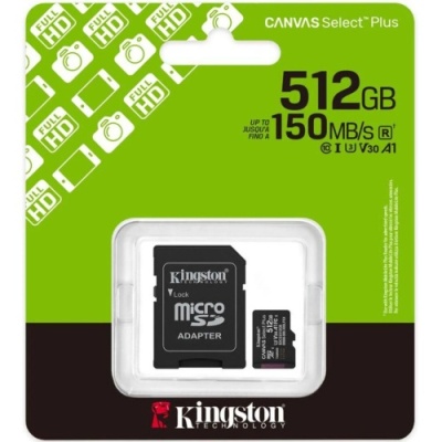 карта пам'яті microsdxc (uhs-1 u3) kingston canvas select plus gen3 512gb class 10 а1 v30 (r-150mb/s) (adapter sd) 