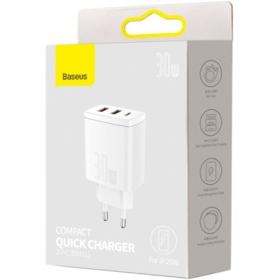 мережевий зарядний пристрій baseus compact quick charger (ccxj-e02) 2usb/18w/qc3.0 + 1type-c/30w/pd (білий) 