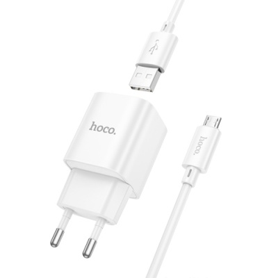 мережевий зарядний пристрій hoco c145a 1usb/18w/qc3.0 + (usb - microusb) (білий) 