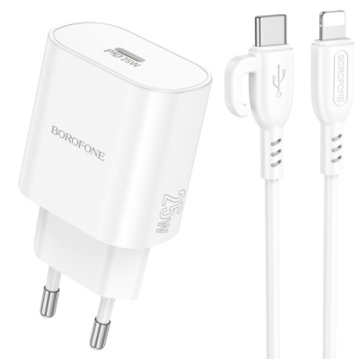 мережевий зарядний пристрій borofone ba82a power 1type-c/25w/pd + (type-c - lightning) (білий) 