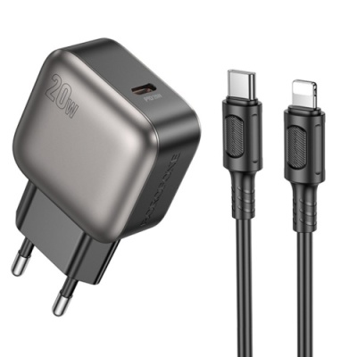 мережевий зарядний пристрій borofone bas53a 1type-c/20w/pd + (type-c - lightning) (чорний) 